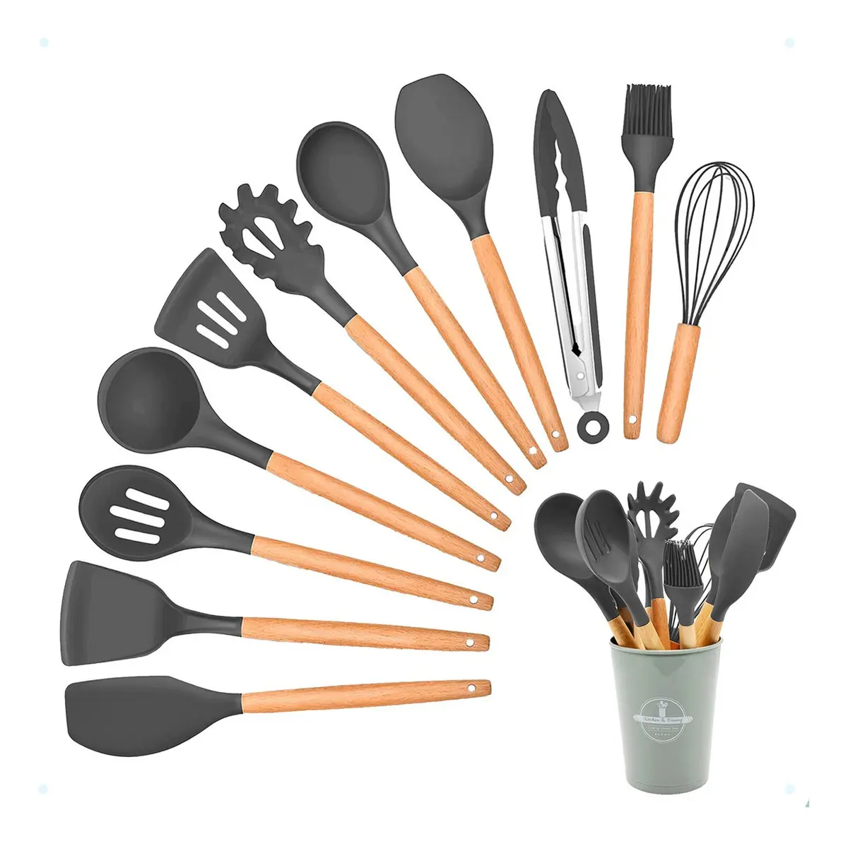 Jogo Utensílios de Cozinha em Silicone Madeira 12 Peças ( Cinza) - 1