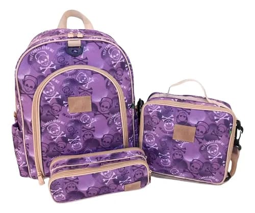 Mochila Escolar Infantil Miellu Bolsas Com Lancheira Bege Estampa Caveira - 1