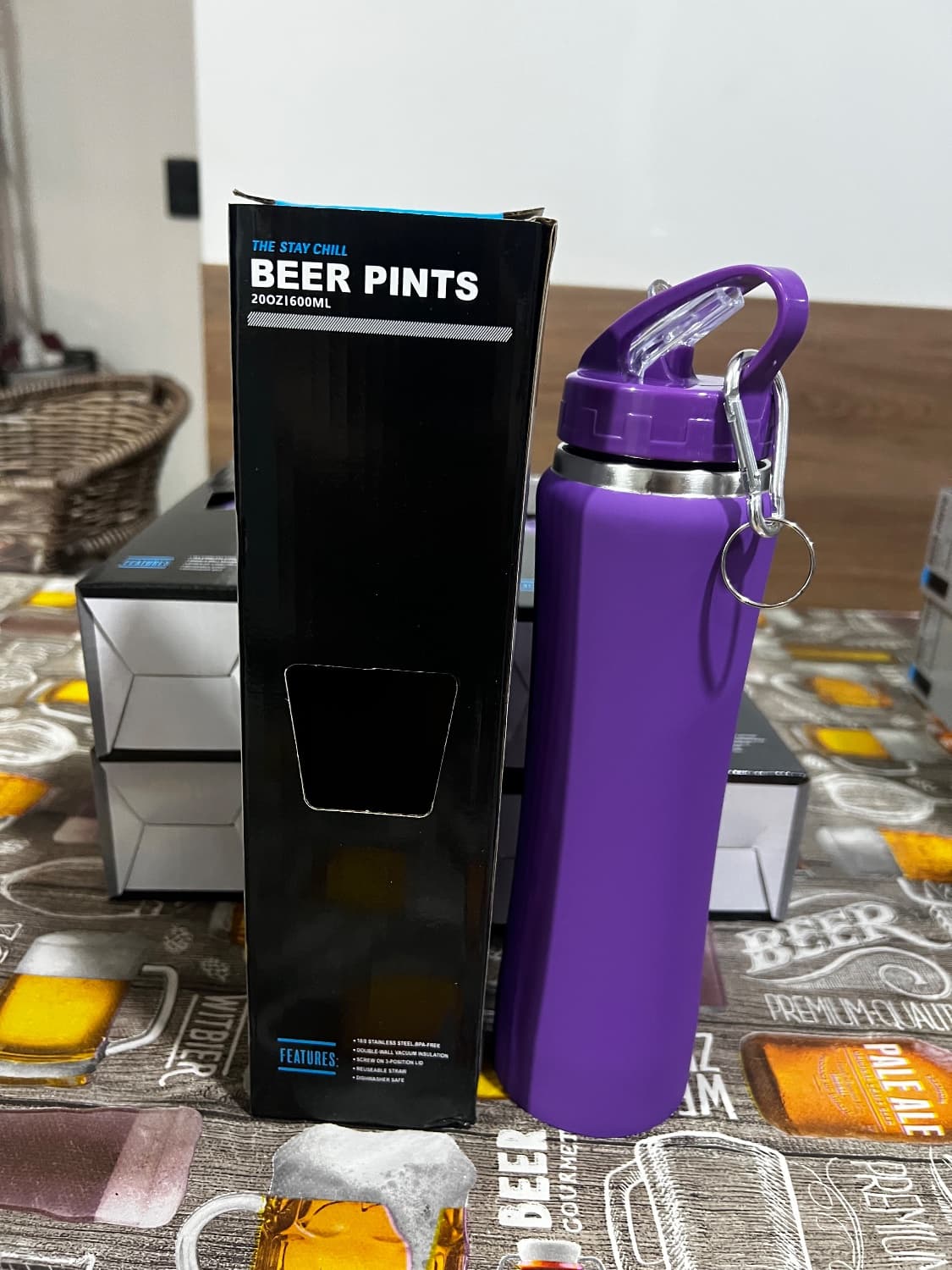 Garrafa Termica Inox 600ml Beer Pints C/ chaveiro - Roxo - 1