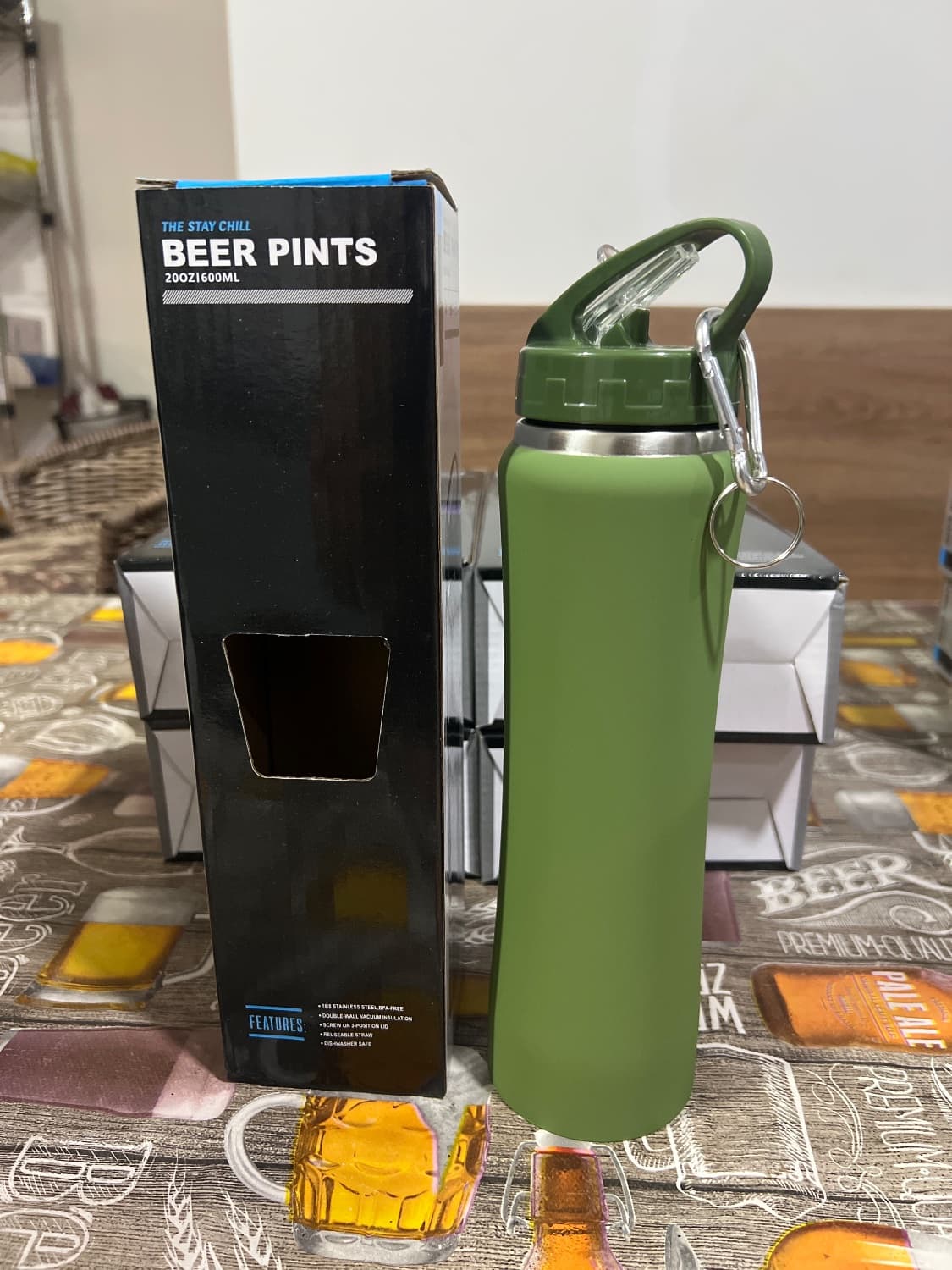 Garrafa Termica Inox 600ml Beer Pints C/ chaveiro - Verde - 1