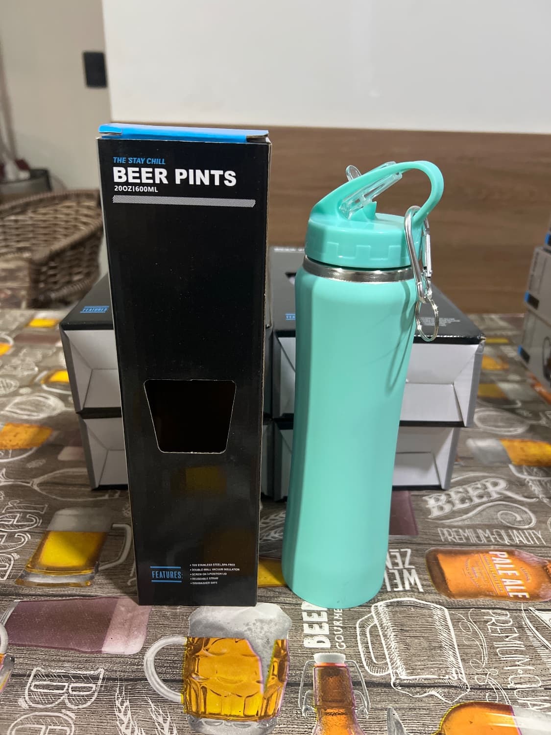 Garrafa Termica Inox 600ml Beer Pints C/ chaveiro - Azul - 1