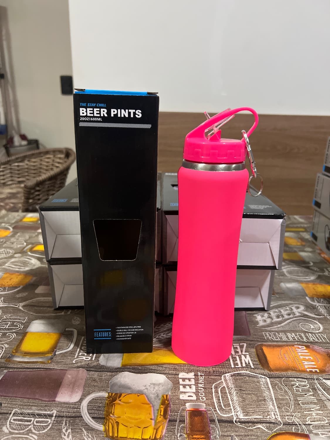 Garrafa Termica Inox 600ml Beer Pints C/ chaveiro - Rosa - 1